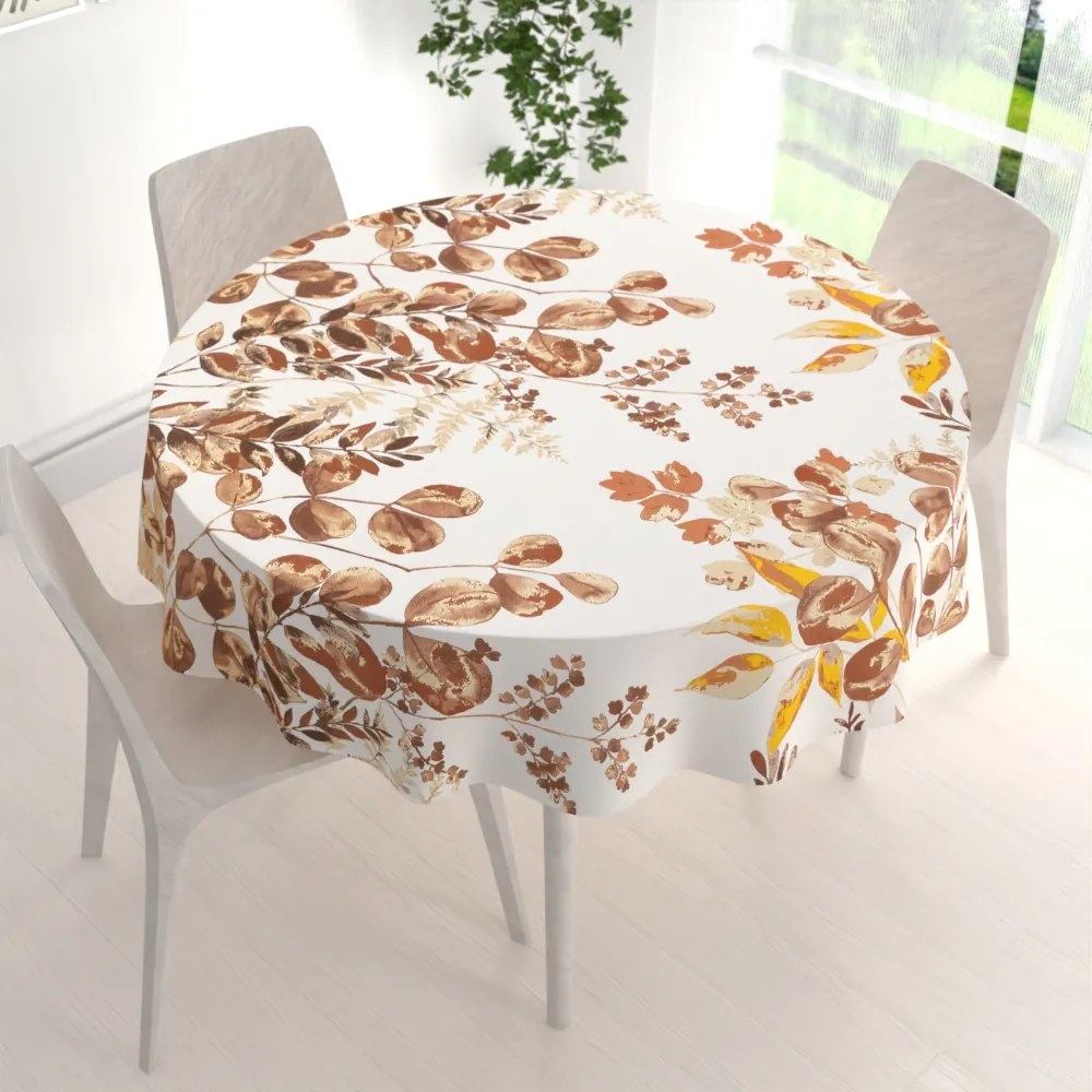 Biante Bavlnený okrúhly obrus Sandra SA-530 Hnedý eukalyptus na bielom Ø 90 cm