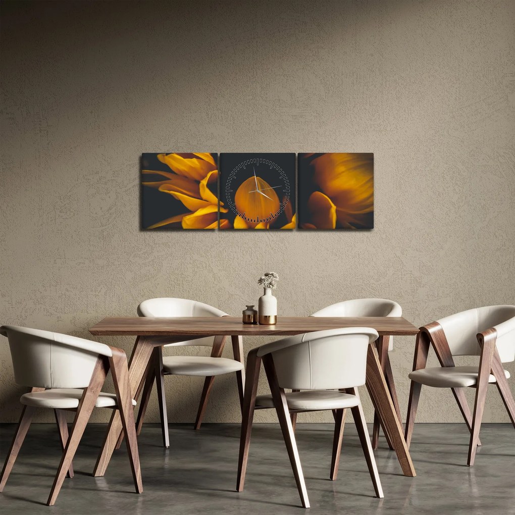 Obraz - Slnečnica v čiernom pozadí (s hodinami) (90x30 cm)