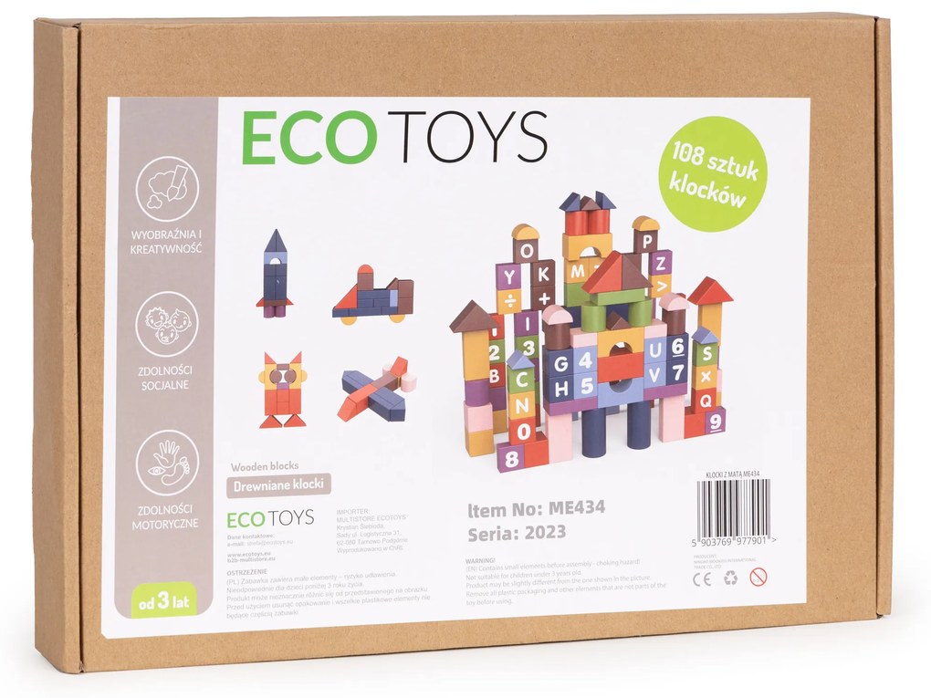 EcoToys Drevené vzdelávacie kocky - farebné 108 ks.