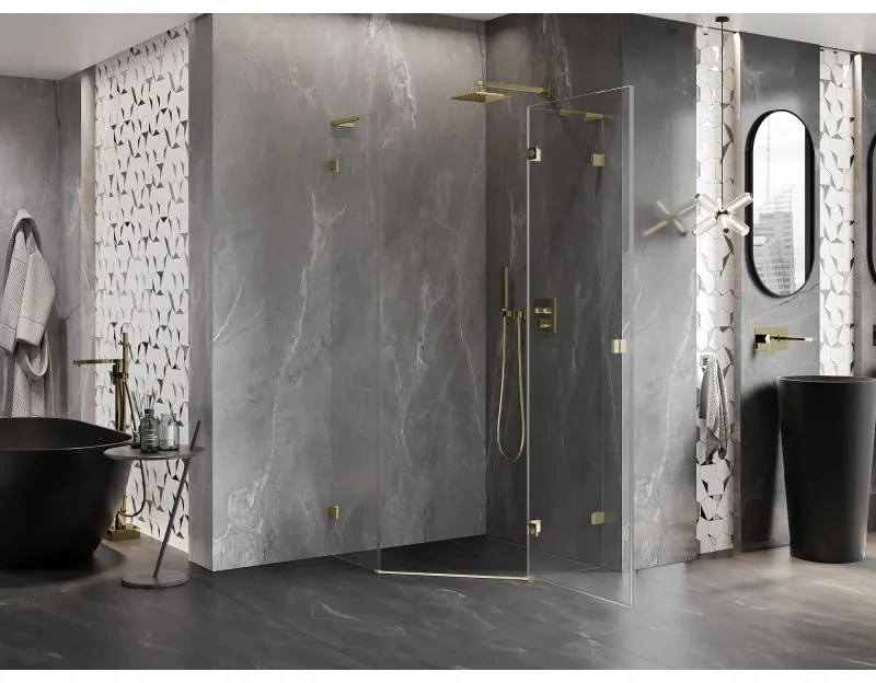 Mexen Lunar, L pravý výklopný päťuholníkový sprchový kút 90 x 90 cm, 8mm číre sklo, zlatý profil, 831L-090P-090L-50-00-P