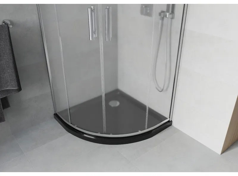 Mexen Rio, štvrťkruhový sprchovací kút s posuvnými dverami 80 x 80 cm, 6mm sklo námraza, chrómový profil + čierna sprchová vanička, 863-080-080-01-30-4170