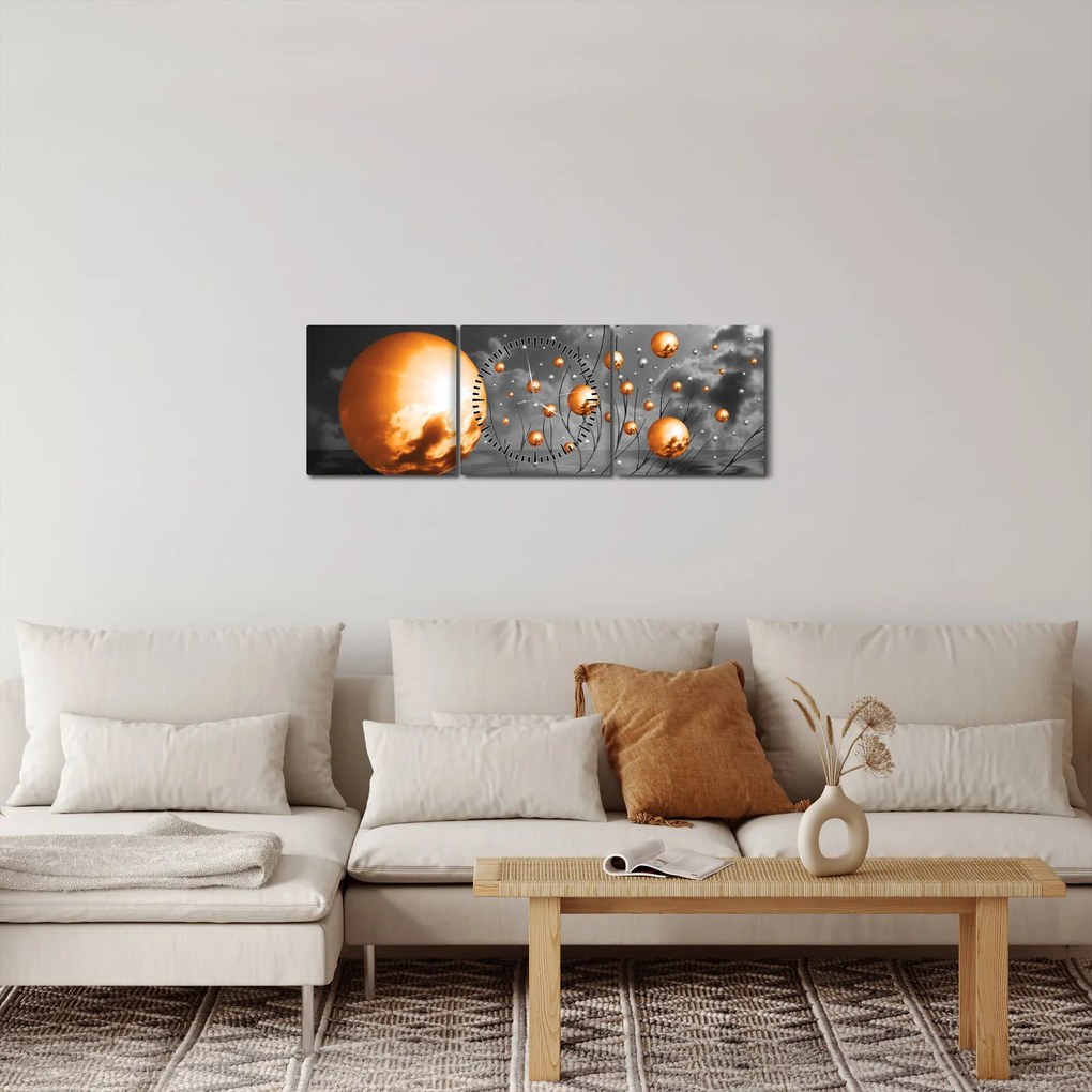 Obraz oranžových abstraktných gulí (s hodinami) (90x30 cm)