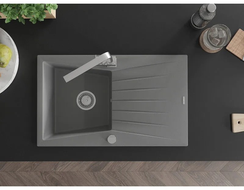 Mexen Cesar, granitový drez 775x470x190 mm, 1-komorový, šedá s chrómovým sifónom a chrómová drezová batéria Rita, 6514-71-670300-00