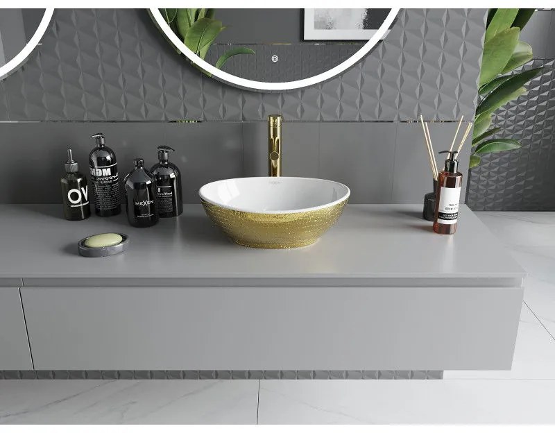 Mexen Elza, keramické umývadlo na dosku 405 x 330 mm, biela-zlatý vzor, 21014008