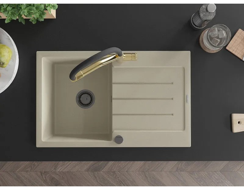 Mexen Bruno, 1-komorový granitový drez 795x495x200 mm a drezová batéria Duo, béžová, 6513-69-671701-57-B