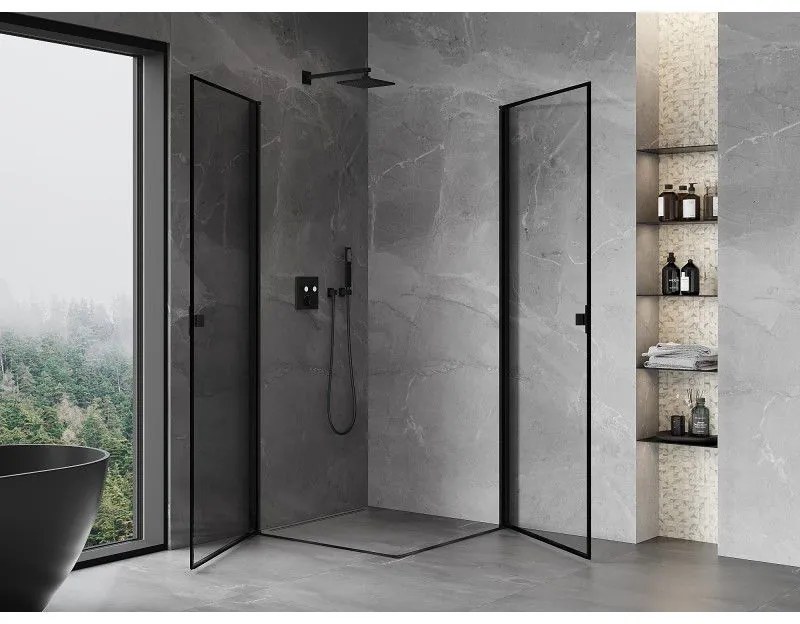 Mexen Mist-B Duo, 2-krídlový výklopný sprchový kút 70 x 70 cm, číre sklo-čierny rám, 8A2-070L-070P-70-70