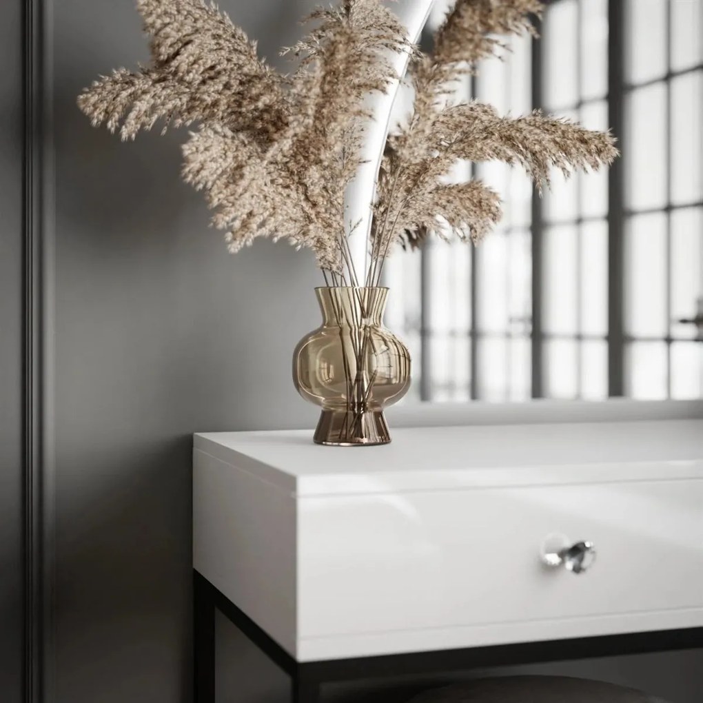 TOALETNÝ STOLÍK EMELINE BIELY VYSOKÝ LESK + ČIERNY PODSTAVEC + ZRKADLO + LED