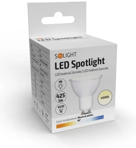SOLIGHT LED žiarovka bodová PAR16 5W, GU10, 4000K, 425lm, studená biela