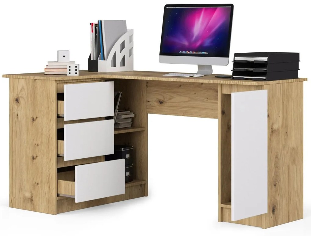 Rohový písací stôl B20 155 cm dub artisan/bílý levý