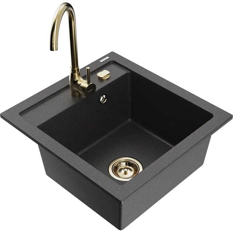 Mexen Vito, 1-komorový granitový drez 520x490x210 mm, zlatá batéria Telma, čierna škvrnitá, 6503-76-670200-50