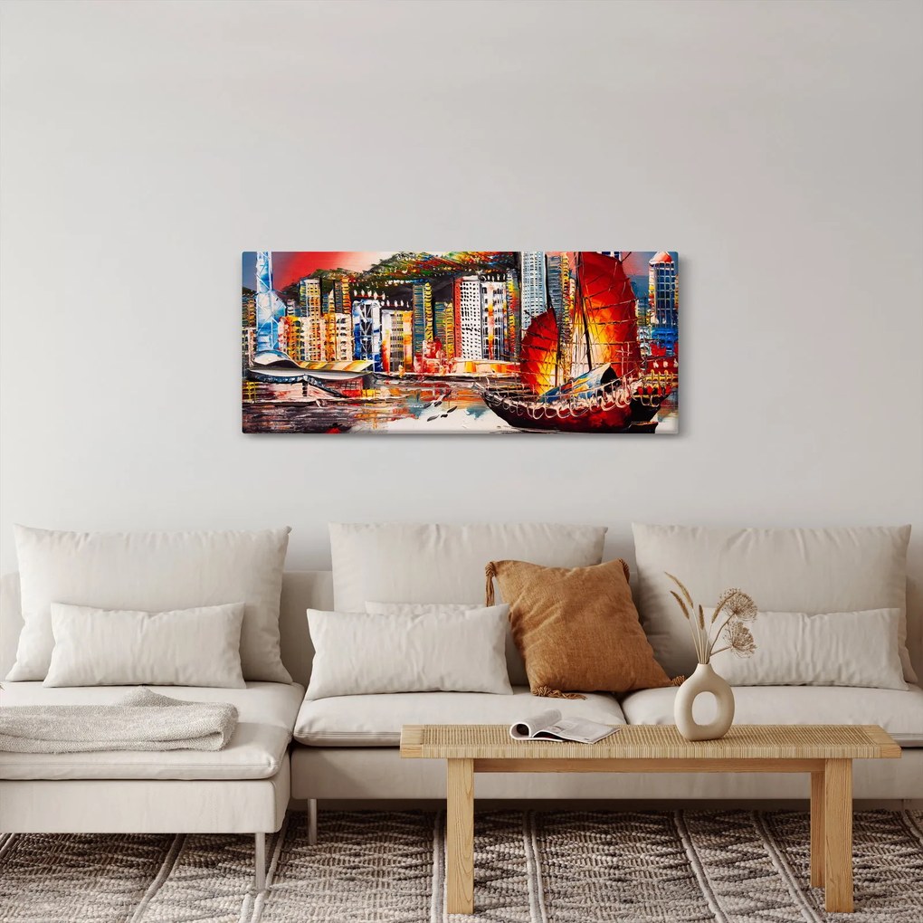 Obraz - Victoria Harbor, Hong Kong, olejomaľba (120x50 cm)