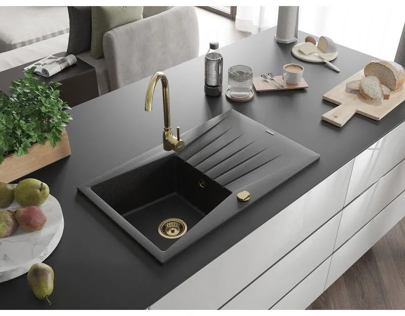 Mexen Cesar, granitový drez 775x470x190 mm, 1-komorový, čierna-strieborná metalíza so zlatým sifónom, 6514771010-73-G