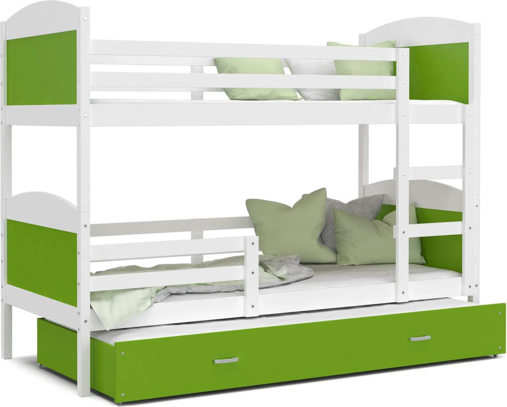 GL Poschodová posteľ Matúš 3 biela MDF s prístelkou Farba: Zelená, Rozmer: 190x80