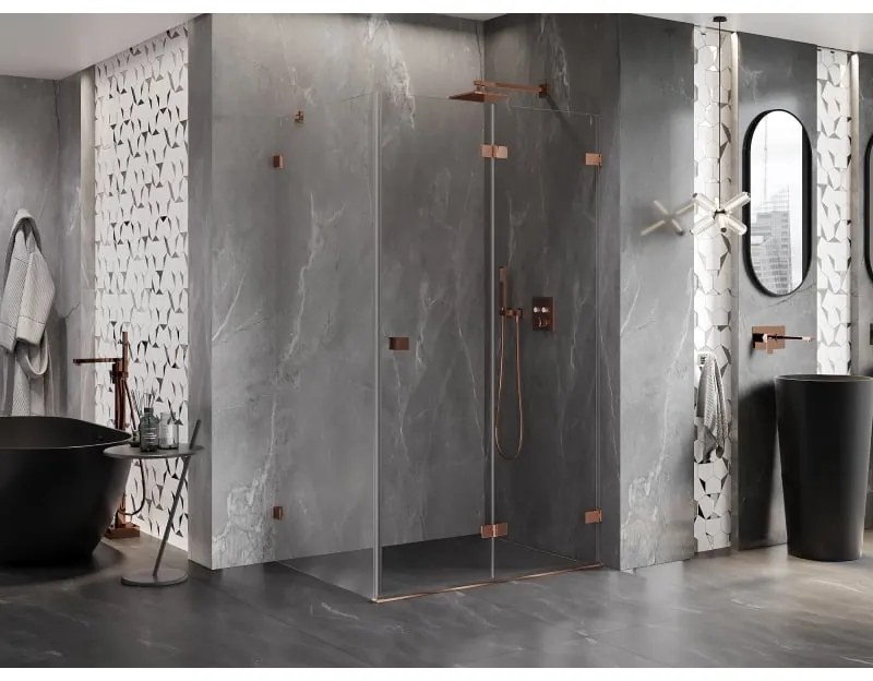 Mexen Lunar-F, 1-krídlový sprchový kút so skladacími dverami, pravý, 95 x 90 cm, 8mm číre sklo, ružové zlato profil, 836-095-090-60-00-P