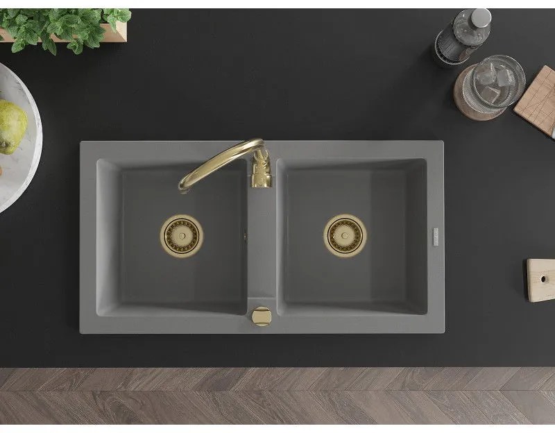 Mexen Mario, granitový drez 820x436x161 mm, 2-komorový, šedá so zlatým sifónom, 6504822000-71-G