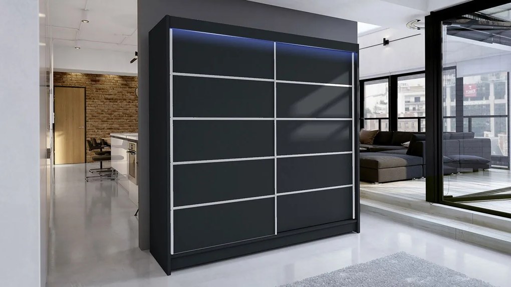 Posuvná skriňa Bar IV, Farby: čierny / biely, Osvetlenie: osvetlenie LED RGB - farebné