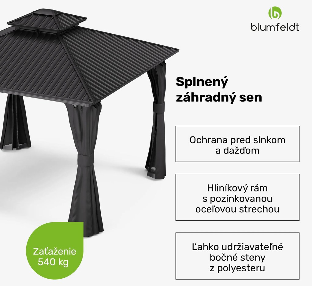 Blumfeldt ShadeFortress, altánok, 3 x 3 m, pozinkovaná oceľová strecha, chráni pred slnkom, dažďom a vetrom