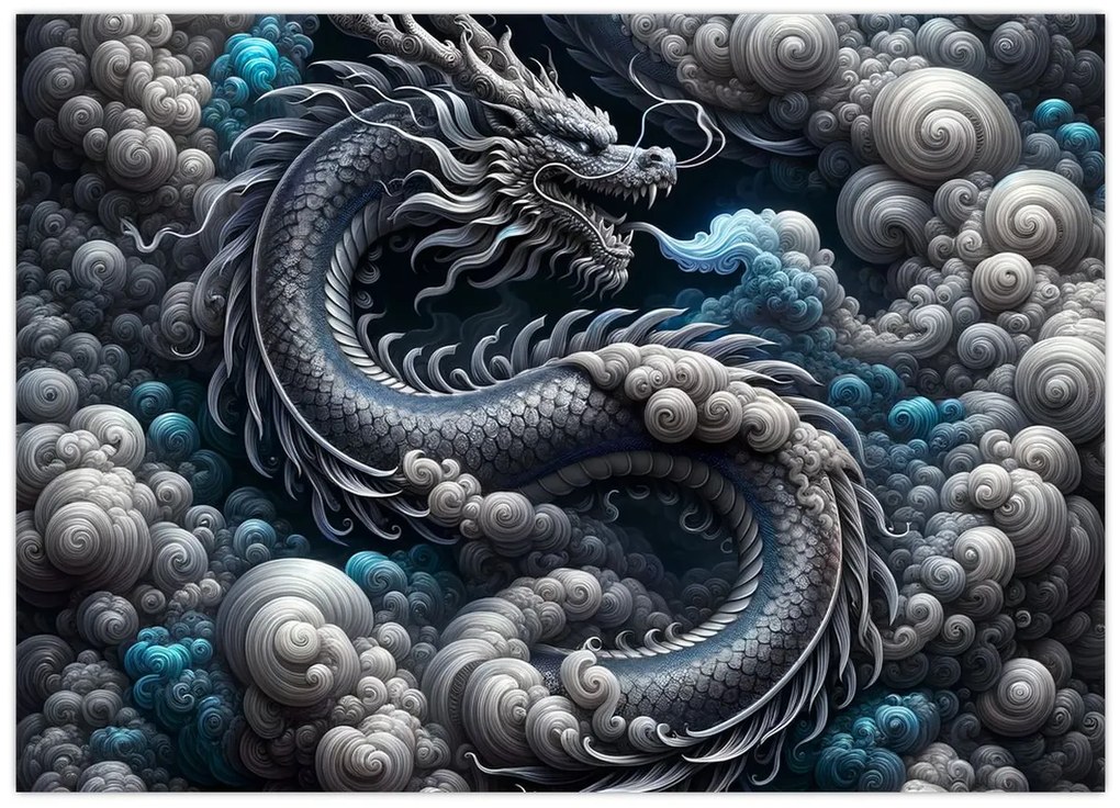 Sklenený obraz – Drak v dyme (70x50 cm)