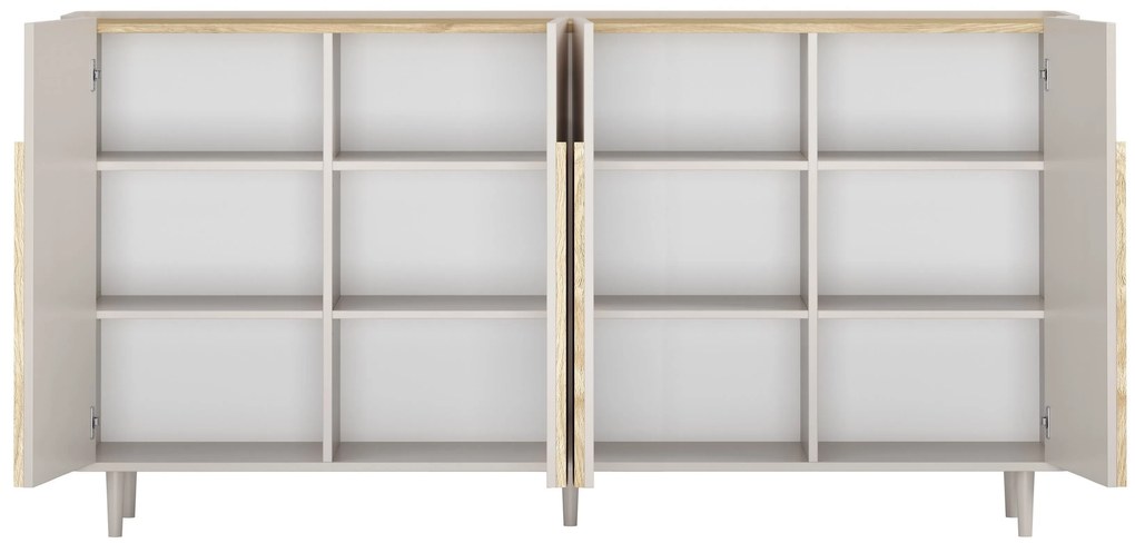 Komoda Amilio 200 cm štvordverová na nožičkách - kašmír / olejovaný dub / úchyty svetlý dub