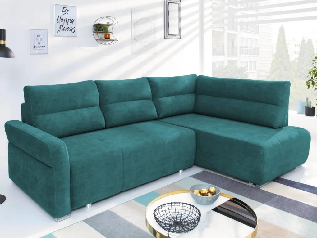 Rohová sedačka na trvalé spanie Island, petrolejová látka, pravý roh