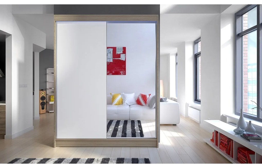 Skriňa s posuvnými dverami Belgia I, Farby: čierna / čierna + zrkadlo, Osvetlenie: osvetlenie LED RGB - farebné