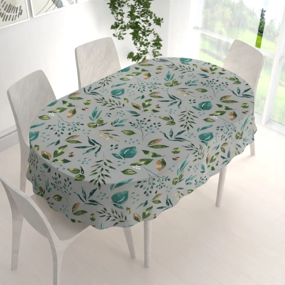 Biante Bavlnený oválny obrus Sandra SA-430 Modro-zelené listy na sivom 140x180 cm
