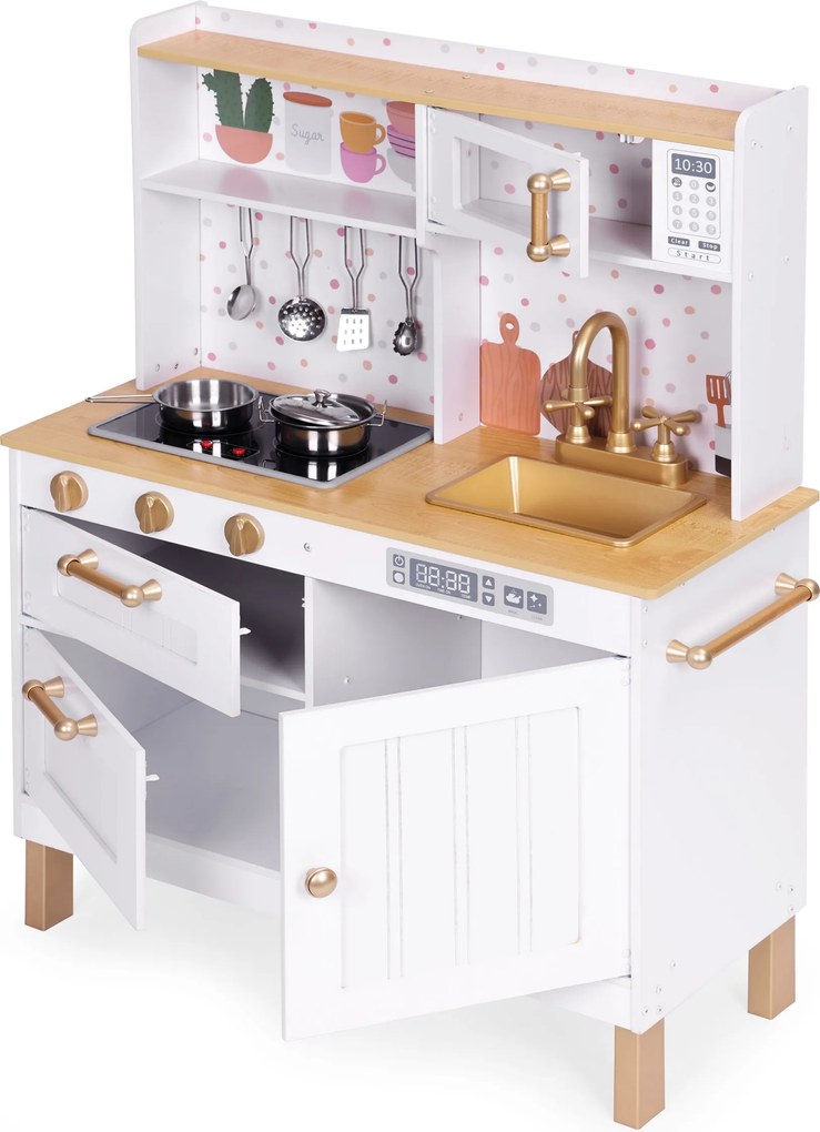 Detská drevená kuchynka ECOTOYS s LED a zvukmi, otvárateľné skrinky, 7 kovových doplnkov
