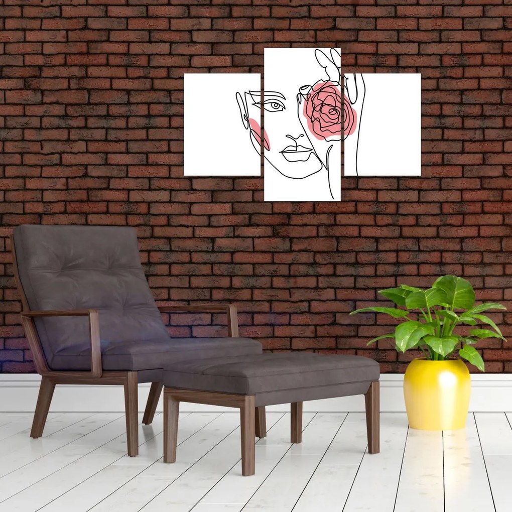 Obraz - Line art tvár s ružou (90x60 cm)