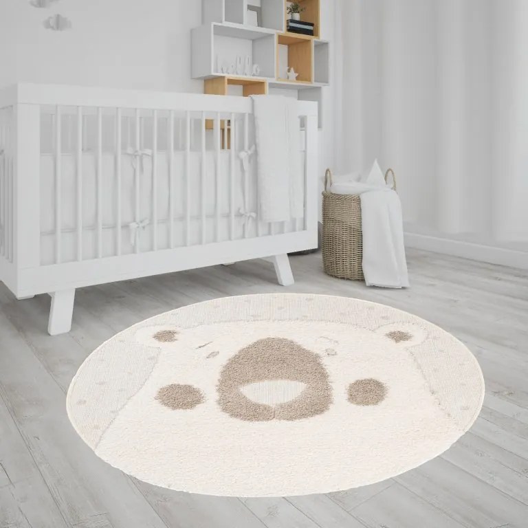 TA Okrúhly detský koberec béžový s motívom medvedíka 120x120 cm