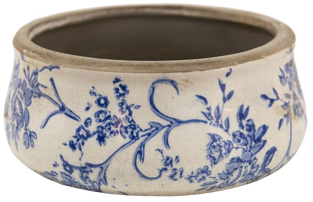 Nízky keramický obal na kvetináč s modrými kvetmi Saten - Ø 17*7 cm