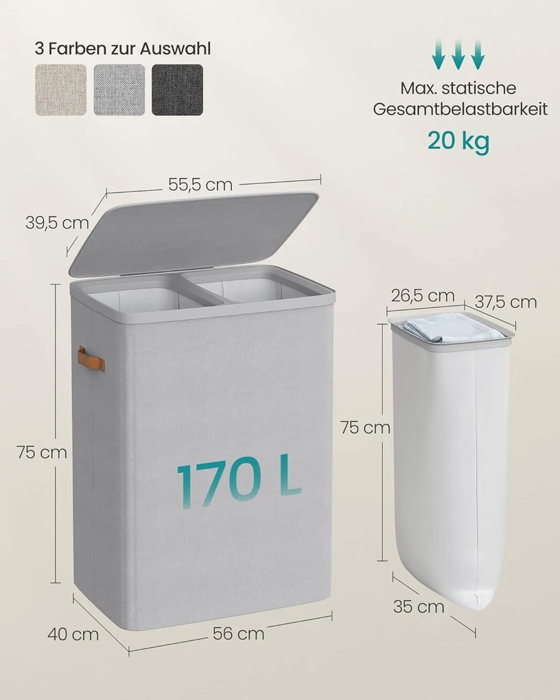 SONGMICS kôš na prádlo 170 L, 56 × 40 × 75 cm, šedý