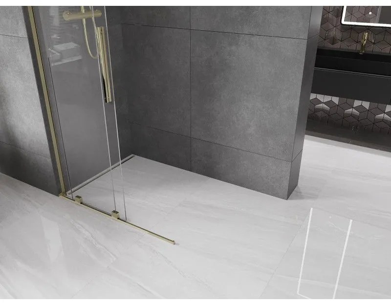 Mexen Velar L, posuvná sprchová zástena Walk-in 110 x 200 cm, 8mm číre sklo, zlatá lesklá, 871-110-003-03-50
