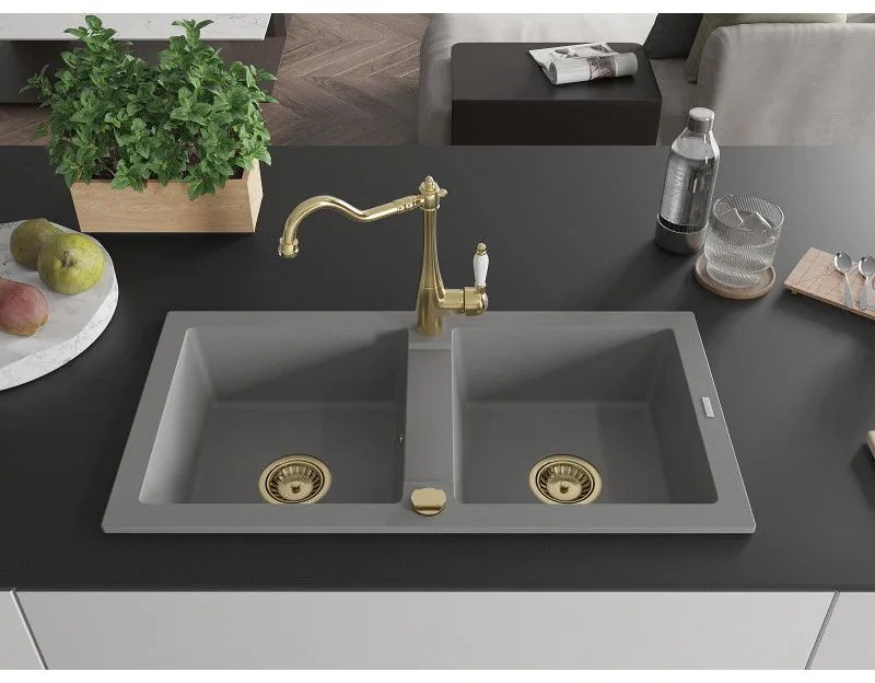 Mexen Mario, granitový drez 820x436x161 mm, 2-komorový a drezová batéria Carla, šedá, 6504-71-670700-50