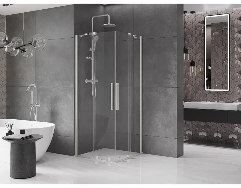 Mexen Velar Duo, sprchový kút s posuvnými dverami 100 x 100 cm, 8mm číre sklo, brúsená oceľ, 871-100-100-02-97