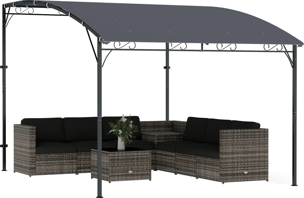 Pergola Outsunny na stenu, 384 × 286 × 252 cm — šikmá strecha s odtokom, nepremokavý baldachýn UPF 30+, práškovaná kovová konštrukcia, sivá | Aosom