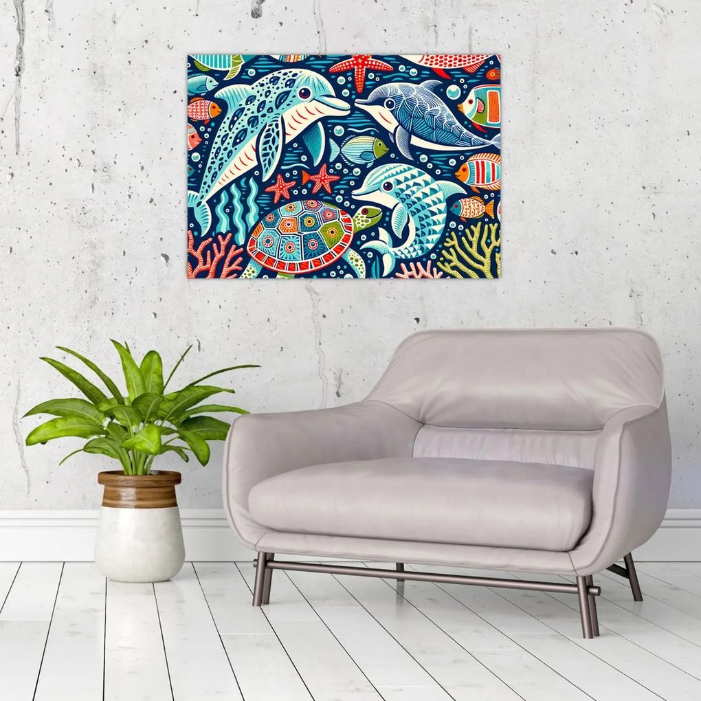 Sklenený obraz – Kreslené vodné zvieratká (70x50 cm)