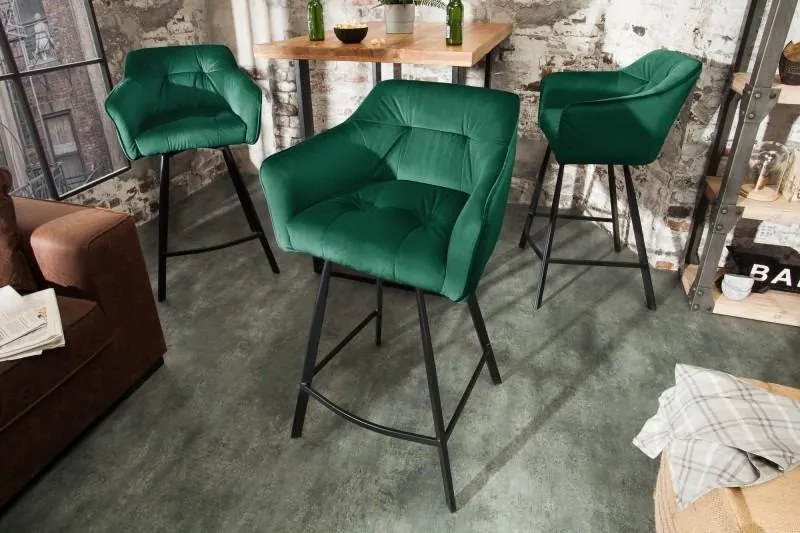 Retro barová stolička LOFT 100 cm zamatová zelená s lakťovou opierkou