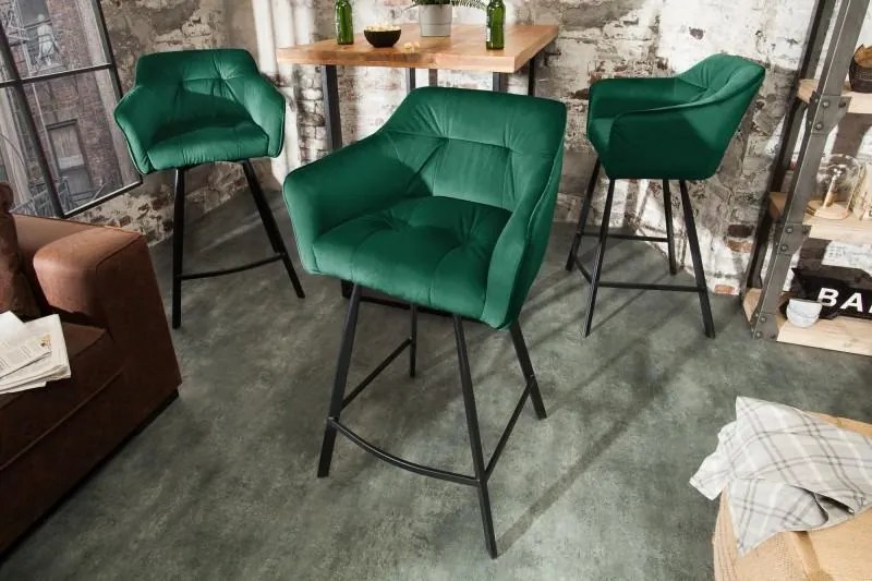 IIG -  Retro barová stolička LOFT 100 cm zamatová zelená s lakťovou opierkou