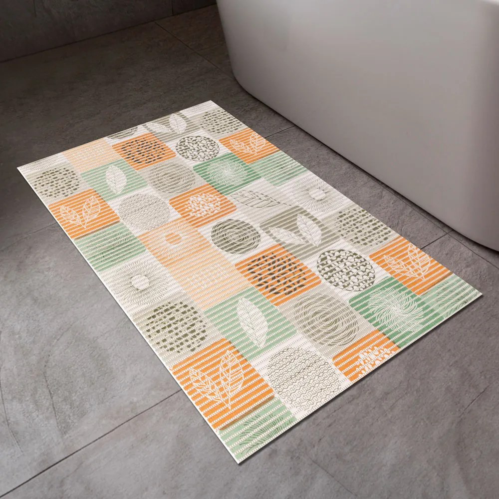 Kúpeľňová penová rohož / predložka PRO-038 Zeleno-oranžové dlaždice - metráž šírka 65 cm