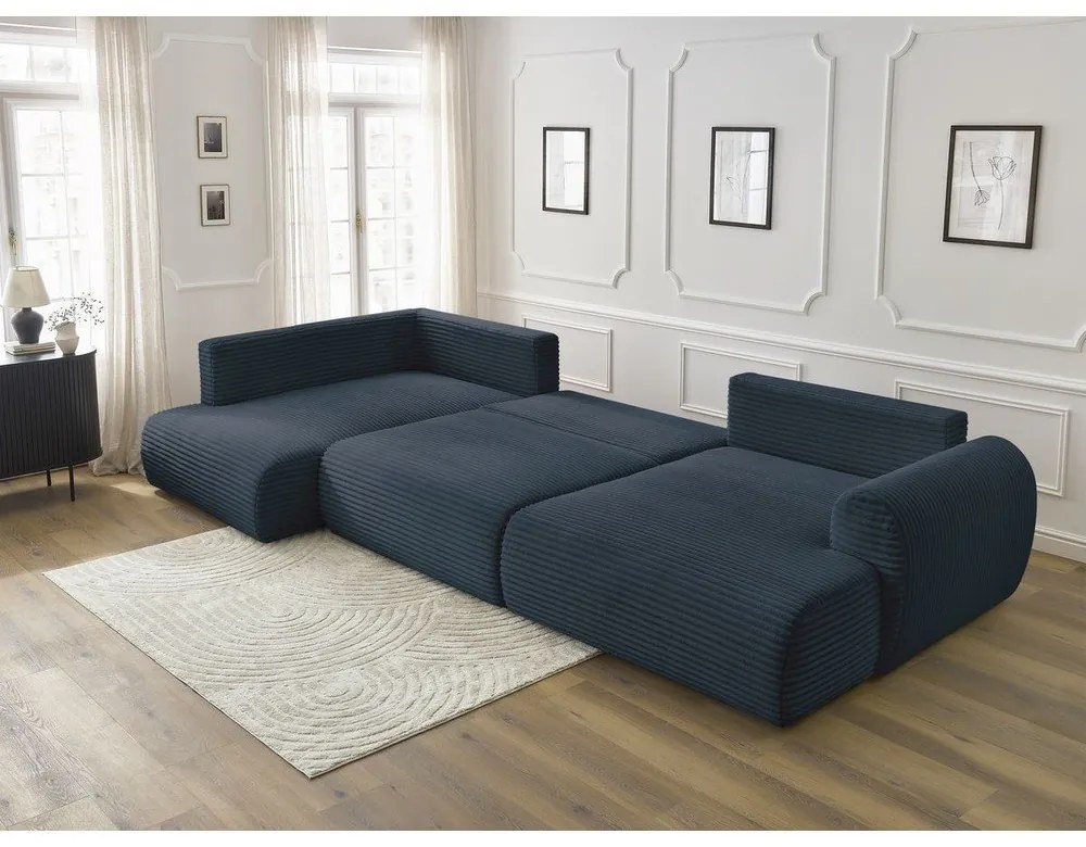 Tmavomodrá menčestrová rozkladacia/s úložným priestorom rohová pohovka (ľavý roh/do tvaru "U") Lucien – Bobochic Paris