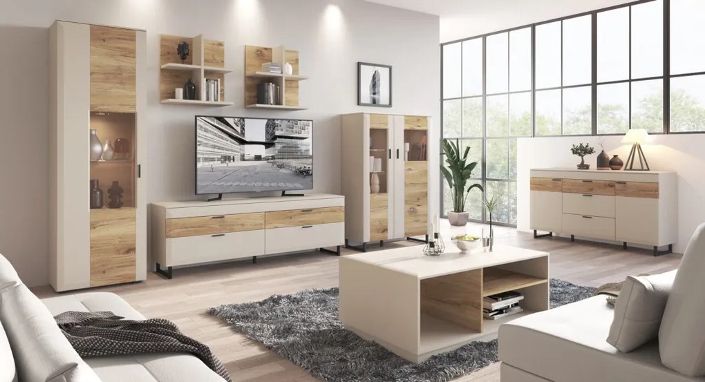 Vysoká vitrína Romy, šedá/dub