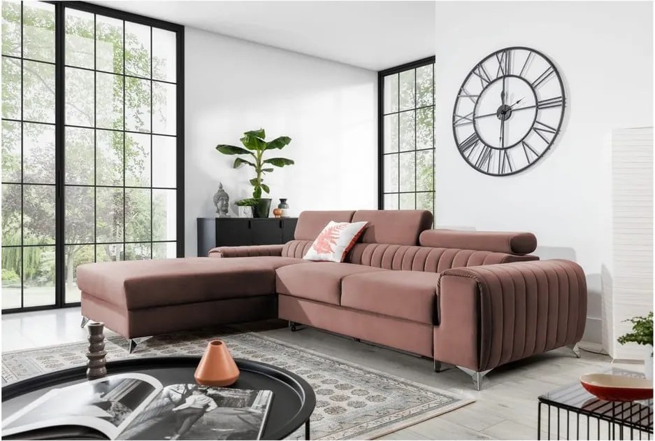 Ružová zamatová rozkladacia/s úložným priestorom rohová pohovka (ľavý roh/s leňoškou) Grayson – ELTAP