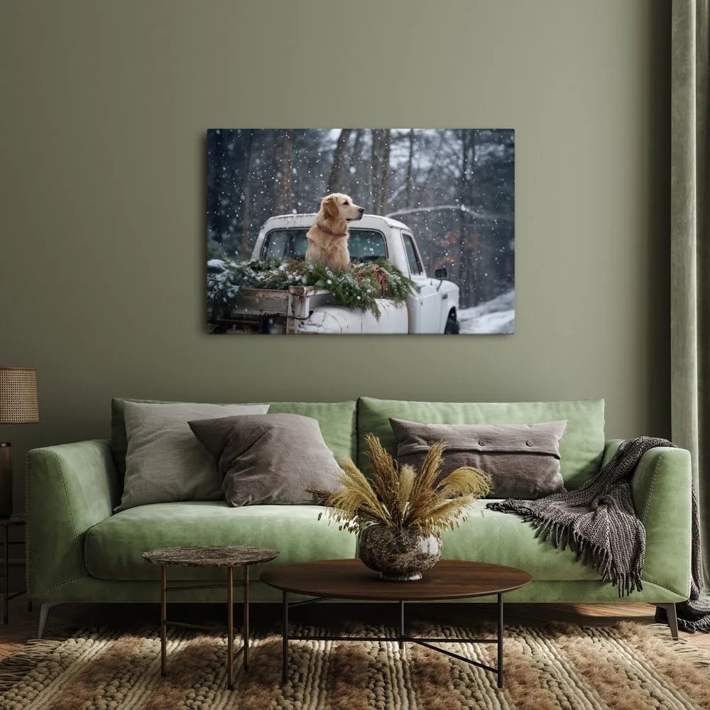 Obraz vianočný pes na zasneženej korbe