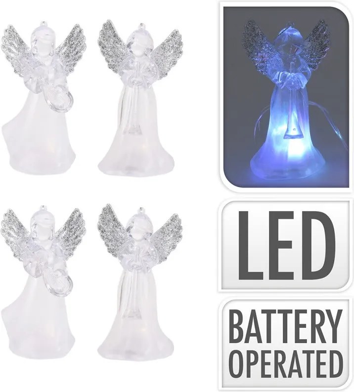 Set závesných anjelov s LED so striebornými kridlami 4 ks, 11 cm