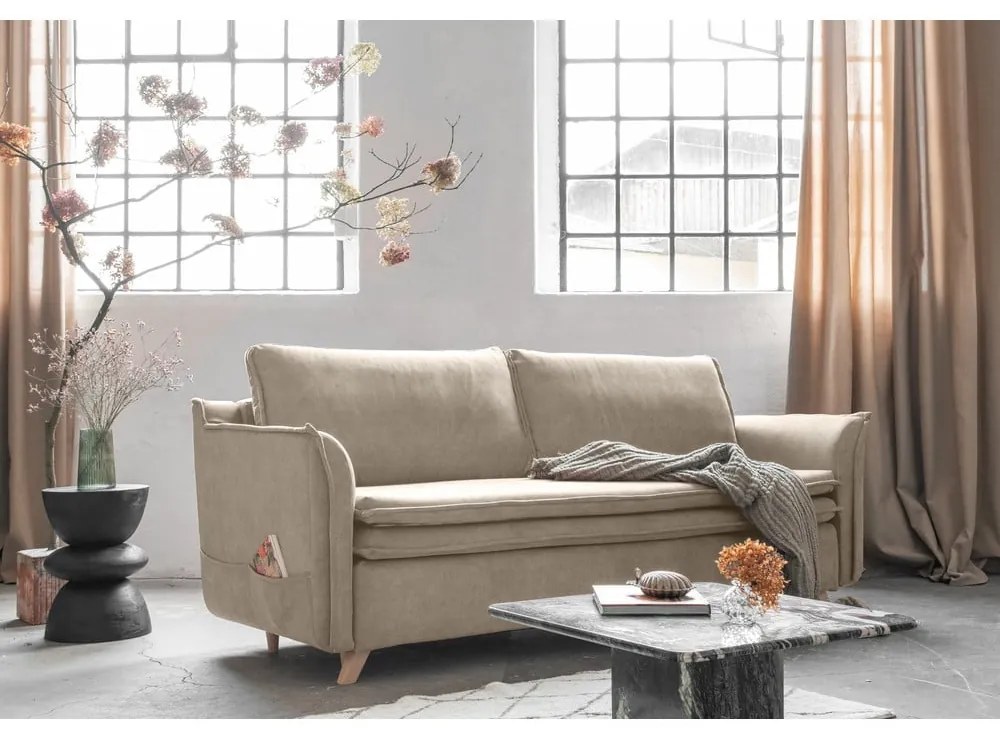 Béžová zamatová rozkladacia pohovka 225 cm Charming Charlie – Miuform