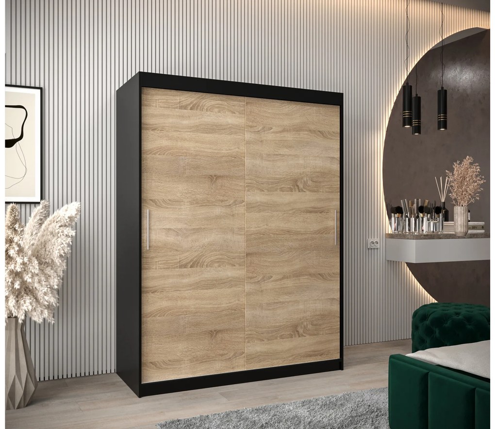 Šatníková skriňa 150 cm Toki (Čierna matná + Dub sonoma). Akcia -45%. Vlastná spoľahlivá doprava až k Vám domov. 1064824