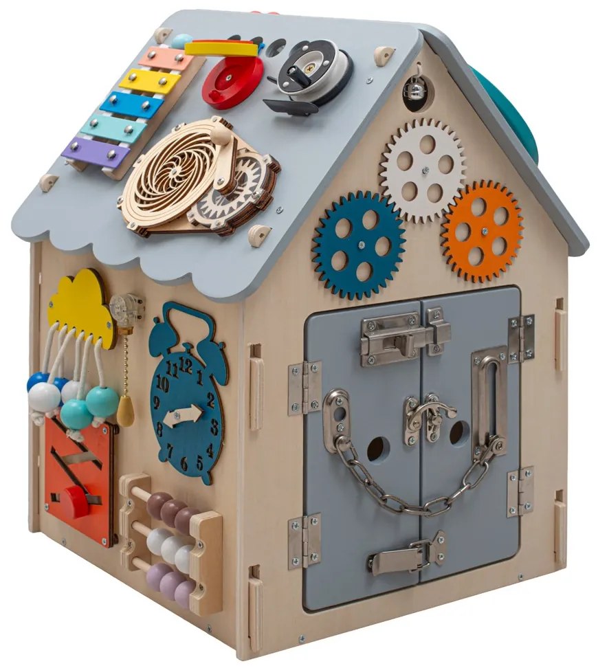Drevený interaktívny domček Activity Board Baby Mix sivý