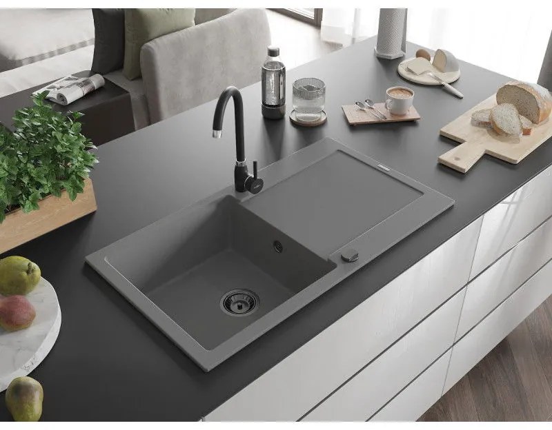 Mexen Leo, drez granitový 900x500x190 mm, 1-komorový, šedá s čiernym sifónom, 6501901010-71-B