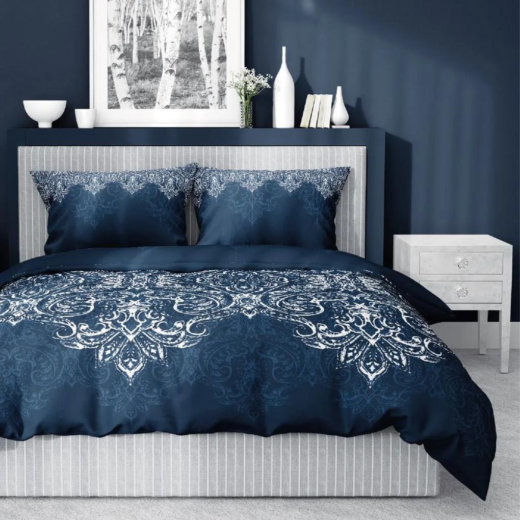 Dokonalé postelné bavlnené obliečky v modrej farbe s krásnym orientálnym vzorom v bielej farbe