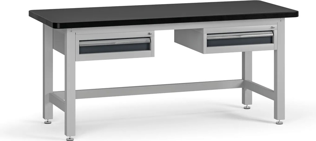 Pracovný stôl do dielne G4 s 2 závesnými boxami na náradie, MDF + PVC doska, 2 zásuvky, 1800 x 750 x 800 mm, grafit